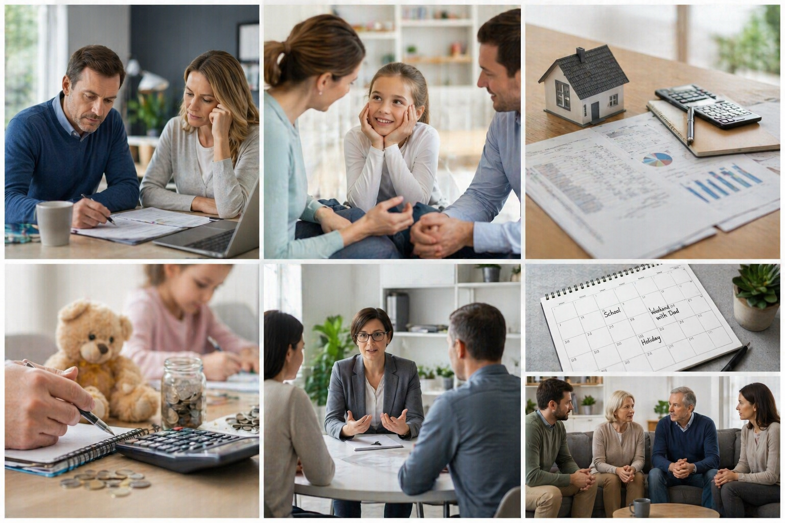 Illustration of a family sitting around a table with a mediator, having a discussion